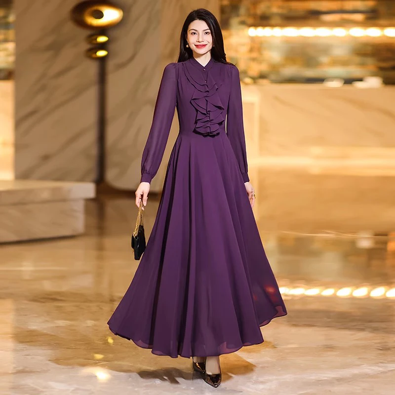New Women Elegant Flowing Long Dress Spring Summer Fashion Stand Collar Long Sleeve Slim Waist Chiffon Dress Gentle Purple Dress
New Women Elegant Flowing Long Dress Spring Summer Fashion Stand Collar Long Sleeve Slim Waist Chiffon Dress Gentle Purple Dress