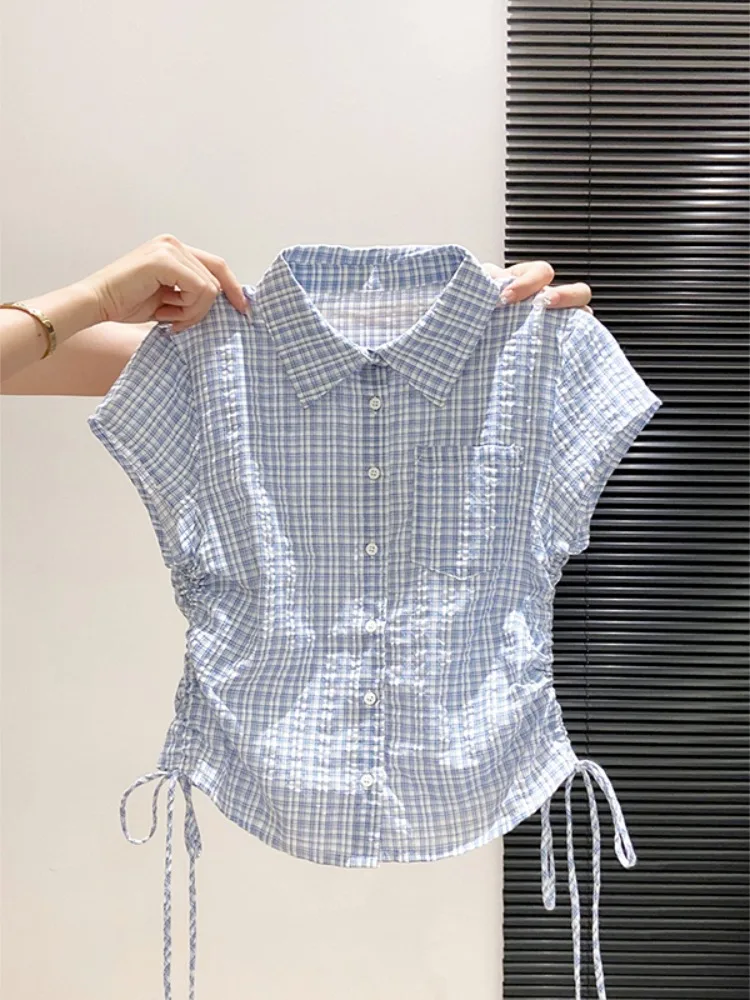 Korean Style Plaid Drawstring Waist Short Sleeve Women's Shirt Summer 2026 Slimming Design Flip Collar Short Length Top
Korean Style Plaid Drawstring Waist Short Sleeve Women's Shirt Summer 2026 Slimming Design Flip Collar Short Length Top
