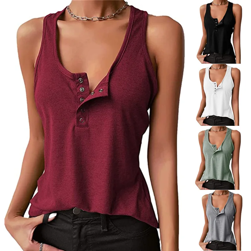 Summer Women's T-shirt Sleeveless O-neck Button Solid Color Top Fashion Street Versatile Basic Vest
Summer Women's T-shirt Sleeveless O-neck Button Solid Color Top Fashion Street Versatile Basic Vest