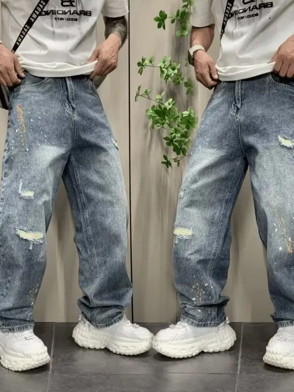Retro American Style Men's Jeans Distressed Wide Leg Pants Water Washed Paint Splatter Loose Straight Cut Casual Trousers
Retro American Style Men's Jeans Distressed Wide Leg Pants Water Washed Paint Splatter Loose Straight Cut Casual Trousers