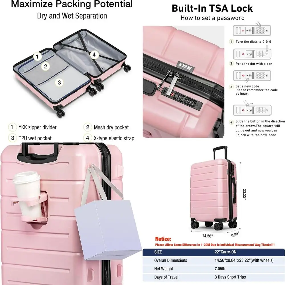 22 Pink KYME Carry-On Suitcase with TSA Lock, Wheels, and Cup Holder for Women
22 Pink KYME Carry-On Suitcase with TSA Lock, Wheels, and Cup Holder for Women