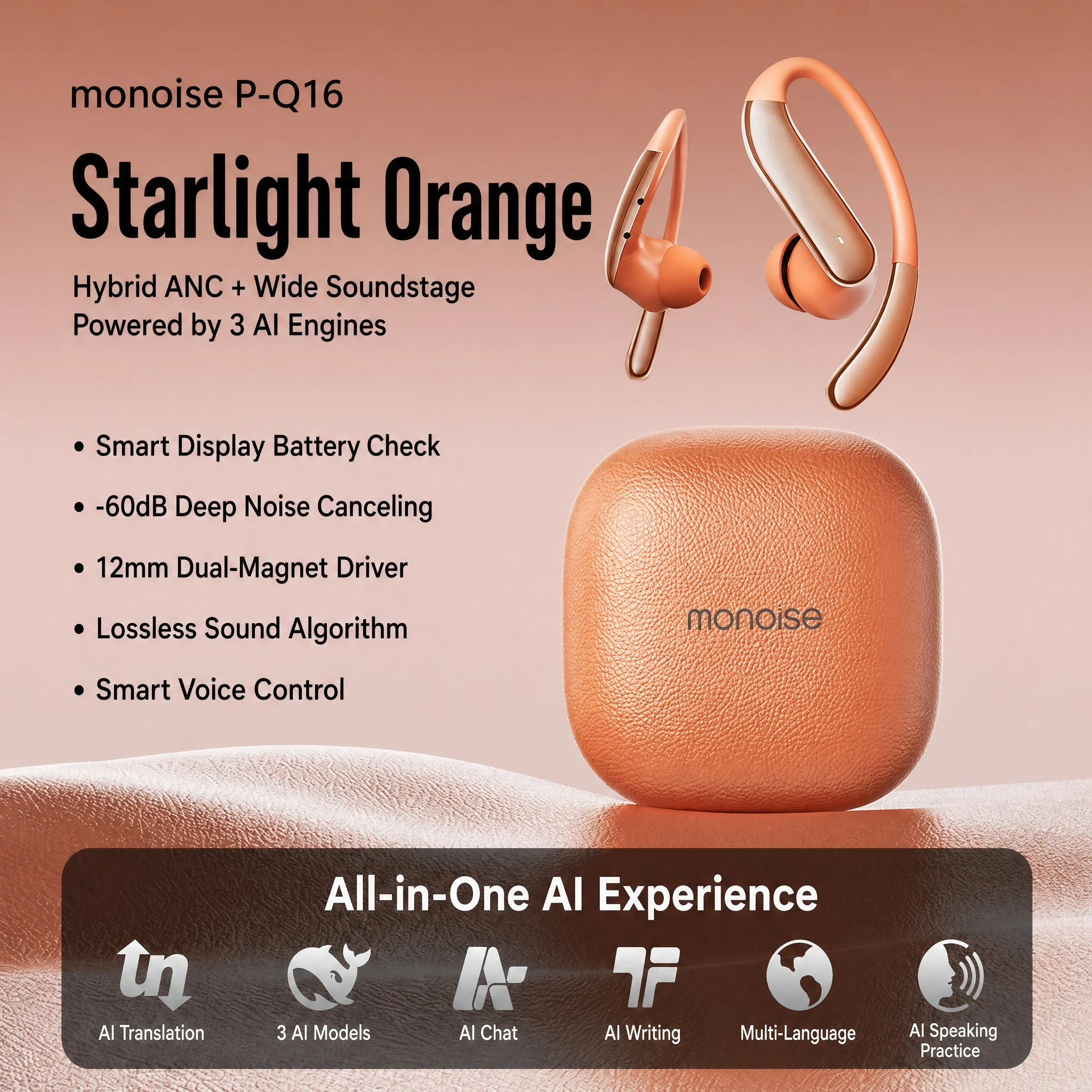 Monoise Q16 Open Ear Earbuds ANC -60dB 80H Playtime Graphene Driver Bluetooth 5.4 Wireless Earphones Hi-Res Spatial Audio IPX5
Monoise Q16 Open Ear Earbuds ANC -60dB 80H Playtime Graphene Driver Bluetooth 5.4 Wireless Earphones Hi-Res Spatial Audio IPX5