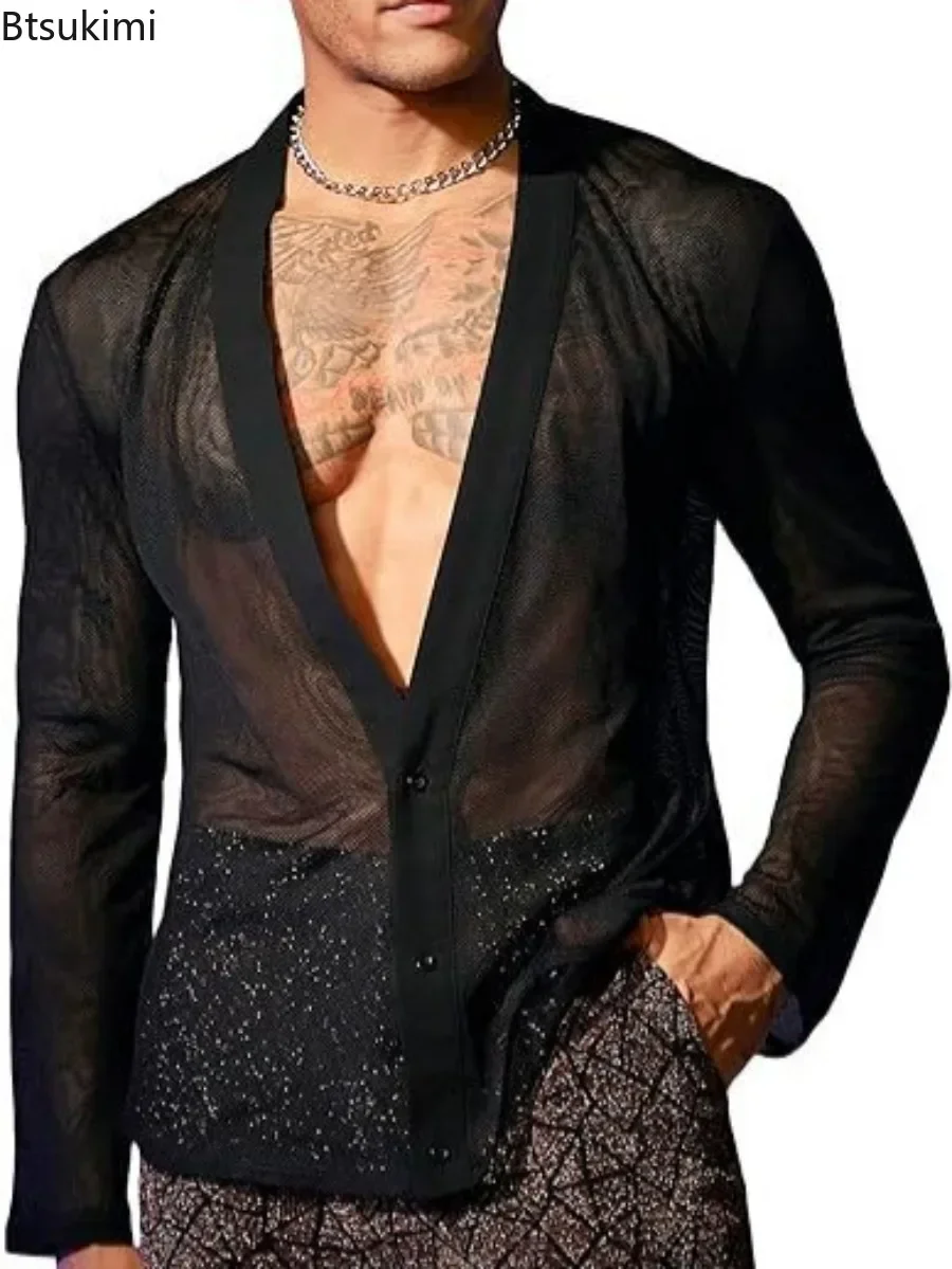 2025 Black Mesh Shirt for Men Deep V-neck Button-up See Through Transparent Loose Tees Male Sexy Muscle Cardigan Tops Streetwear
2025 Black Mesh Shirt for Men Deep V-neck Button-up See Through Transparent Loose Tees Male Sexy Muscle Cardigan Tops Streetwear