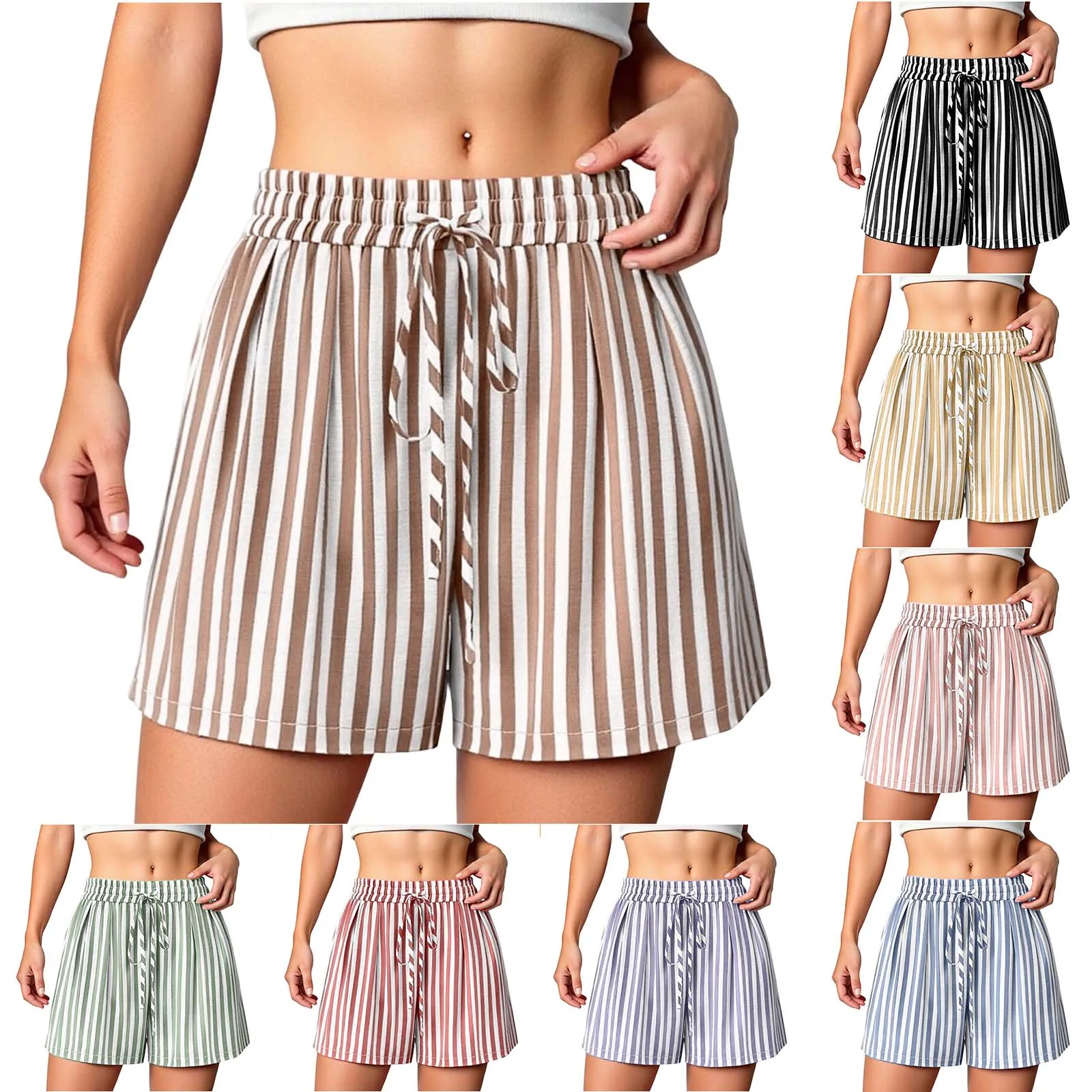 Women's Green & White Striped Casual Shorts, Elastic Waist Drawstring Loose-Fit Summer Home & Outdoor Shorts
Women's Green & White Striped Casual Shorts, Elastic Waist Drawstring Loose-Fit Summer Home & Outdoor Shorts