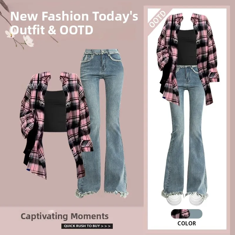 Spring New Plaid Shirt Women Design Sense Camisole High Waist Slimming Flared Jeans Three Piece Set Fashionable Casual Outfit
Spring New Plaid Shirt Women Design Sense Camisole High Waist Slimming Flared Jeans Three Piece Set Fashionable Casual Outfit