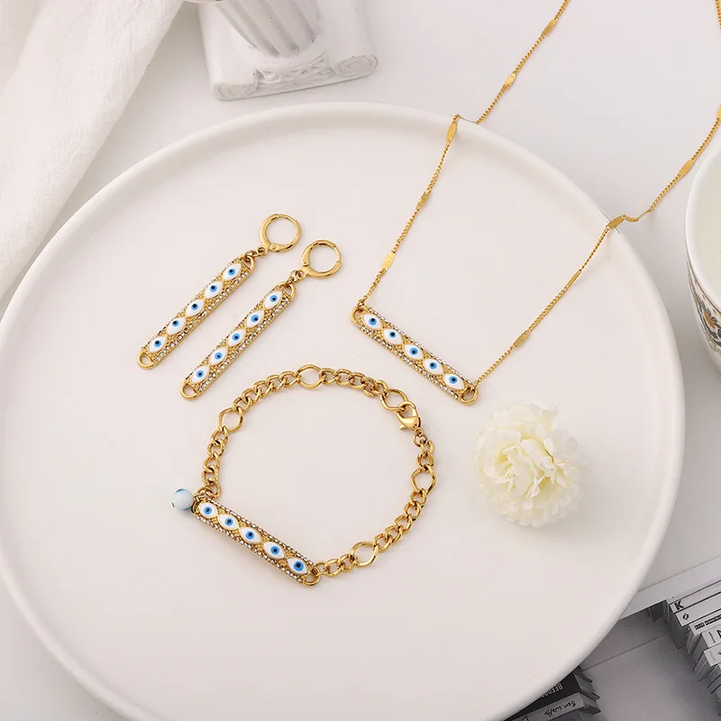 3 Piece Trendy New Evil of Eye Bracelet Earrings Necklace Accessories for Women Gold Stainless Steel Chain Fashion Jewelry Set
3 Piece Trendy New Evil of Eye Bracelet Earrings Necklace Accessories for Women Gold Stainless Steel Chain Fashion Jewelry Set