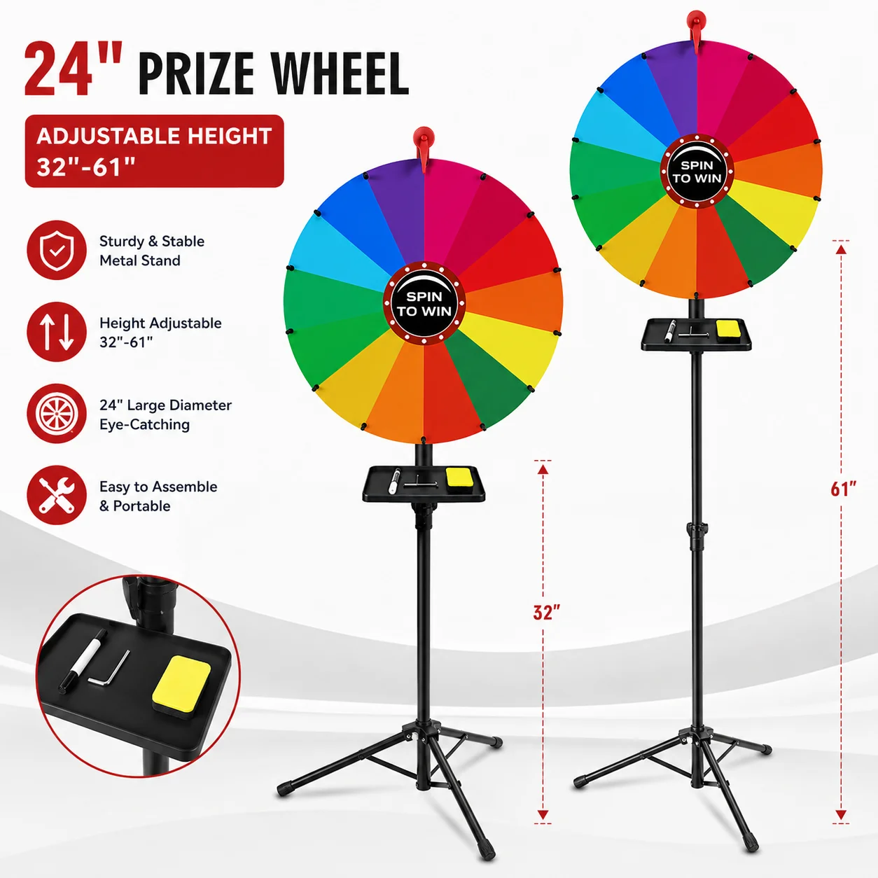 24-inch Prize Wheel Adjustable Height 32-61 inch Desktop Floor Stand Spinner for Party Carnival Tradeshow
24-inch Prize Wheel Adjustable Height 32-61 inch Desktop Floor Stand Spinner for Party Carnival Tradeshow
