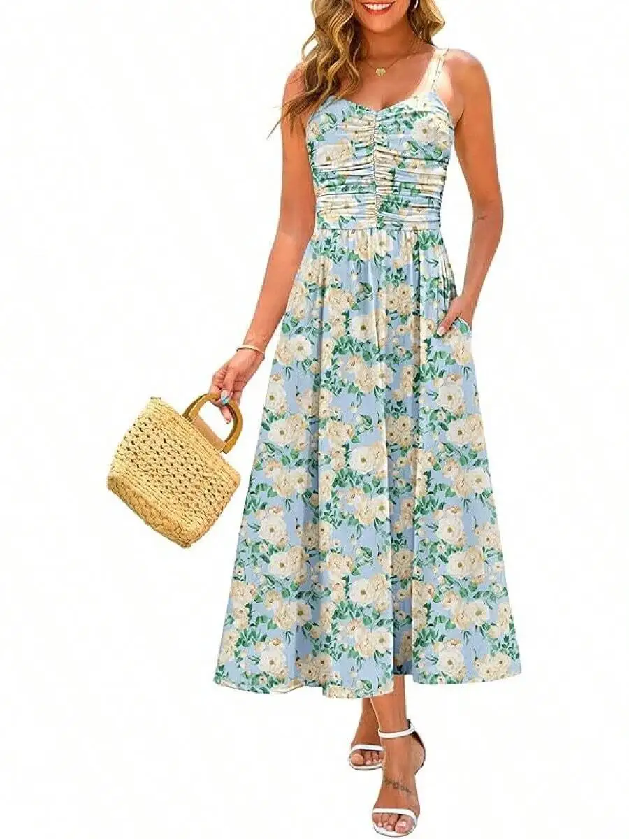Women Ruched Maxi Dress Adjustable Spaghetti Strap Floral Beach Sundress With Pockets
Women Ruched Maxi Dress Adjustable Spaghetti Strap Floral Beach Sundress With Pockets