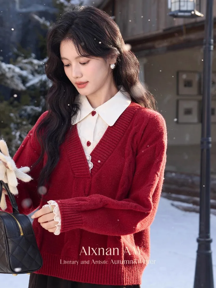 ALXNAN Red Sweater Women Elegant Lapel Fake 2-piece Knitted Pullovers 2025 Autumn Winter New Loose-fit Casual Female Tops L52503
ALXNAN Red Sweater Women Elegant Lapel Fake 2-piece Knitted Pullovers 2025 Autumn Winter New Loose-fit Casual Female Tops L52503