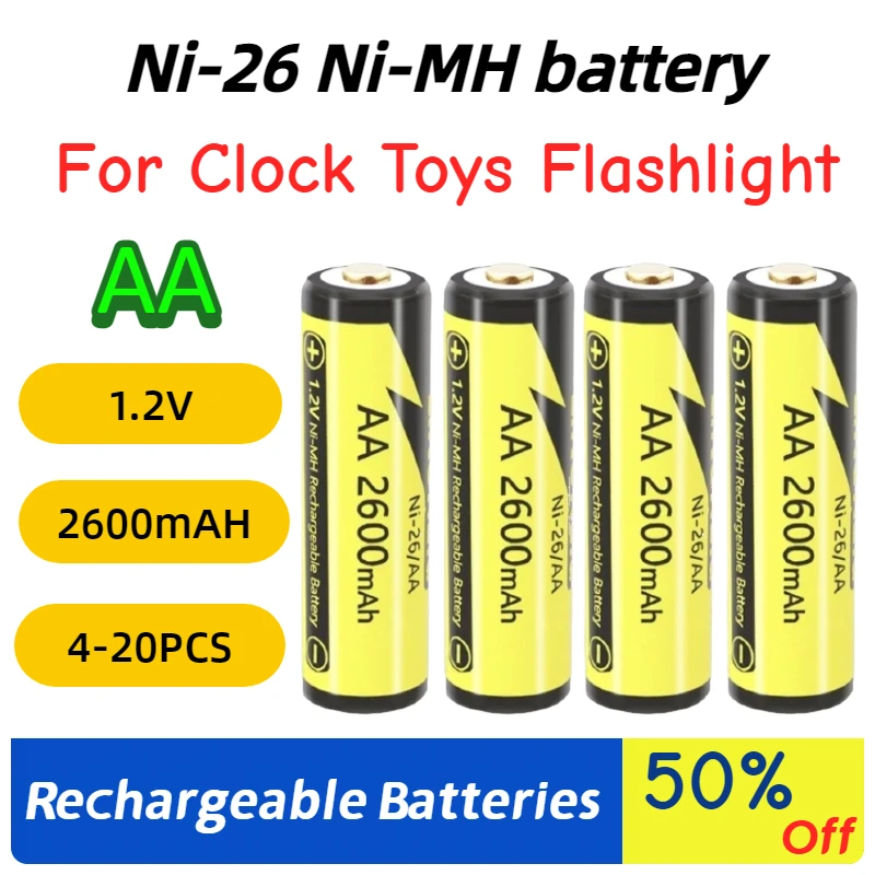 4-20PCS Ni-26 AA 1.2V 2600mAh Ni-MH Rechargeable Battery for Temperature Gun Remote Control Mouse Toy Digital Camera Batteries
4-20PCS Ni-26 AA 1.2V 2600mAh Ni-MH Rechargeable Battery for Temperature Gun Remote Control Mouse Toy Digital Camera Batteries
