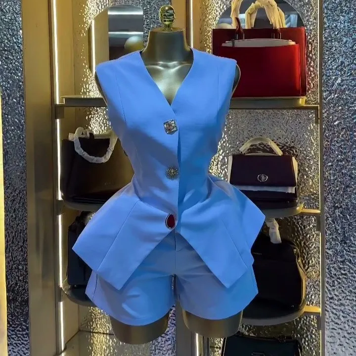Summer Women's Suit Shorts Sleeveless Top High Waisted Short Pants Two Piece Set Light Blue Bermuda Shorts Women's Matching
Summer Women's Suit Shorts Sleeveless Top High Waisted Short Pants Two Piece Set Light Blue Bermuda Shorts Women's Matching