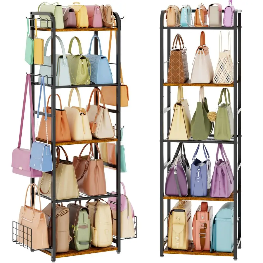 5Tier Purse Organizer for Closet, Purse Rack Stand for Purse Storage, Metal amp Wood Handbag Organizer with 4 Side Hooks and 2 B
5Tier Purse Organizer for Closet, Purse Rack Stand for Purse Storage, Metal amp Wood Handbag Organizer with 4 Side Hooks and 2 B