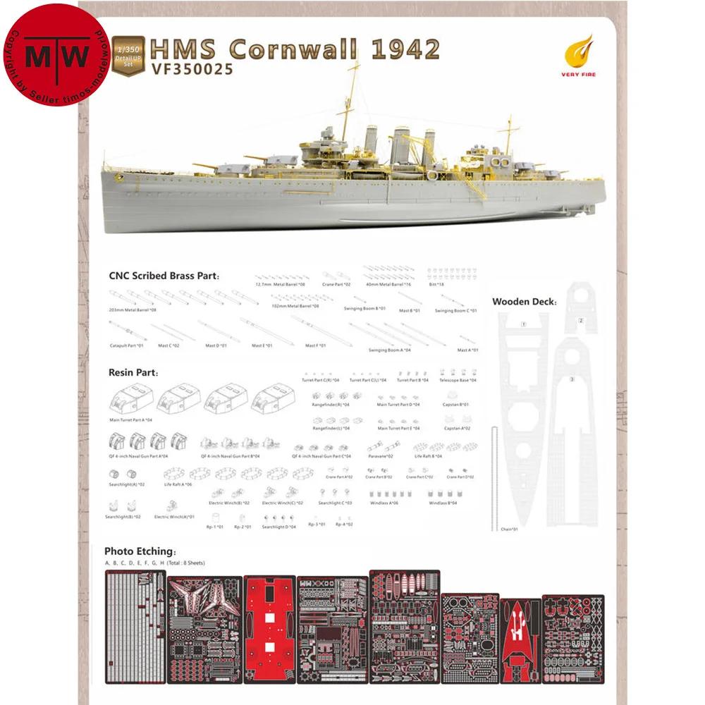Very Fire VF350024 Супер обновленный набор HMS Cornwall 1942 в масштабе 1/350 для модели Trumpeter 05353
Very Fire VF350024 Супер обновленный набор HMS Cornwall 1942 в масштабе 1/350 для модели Trumpeter 05353