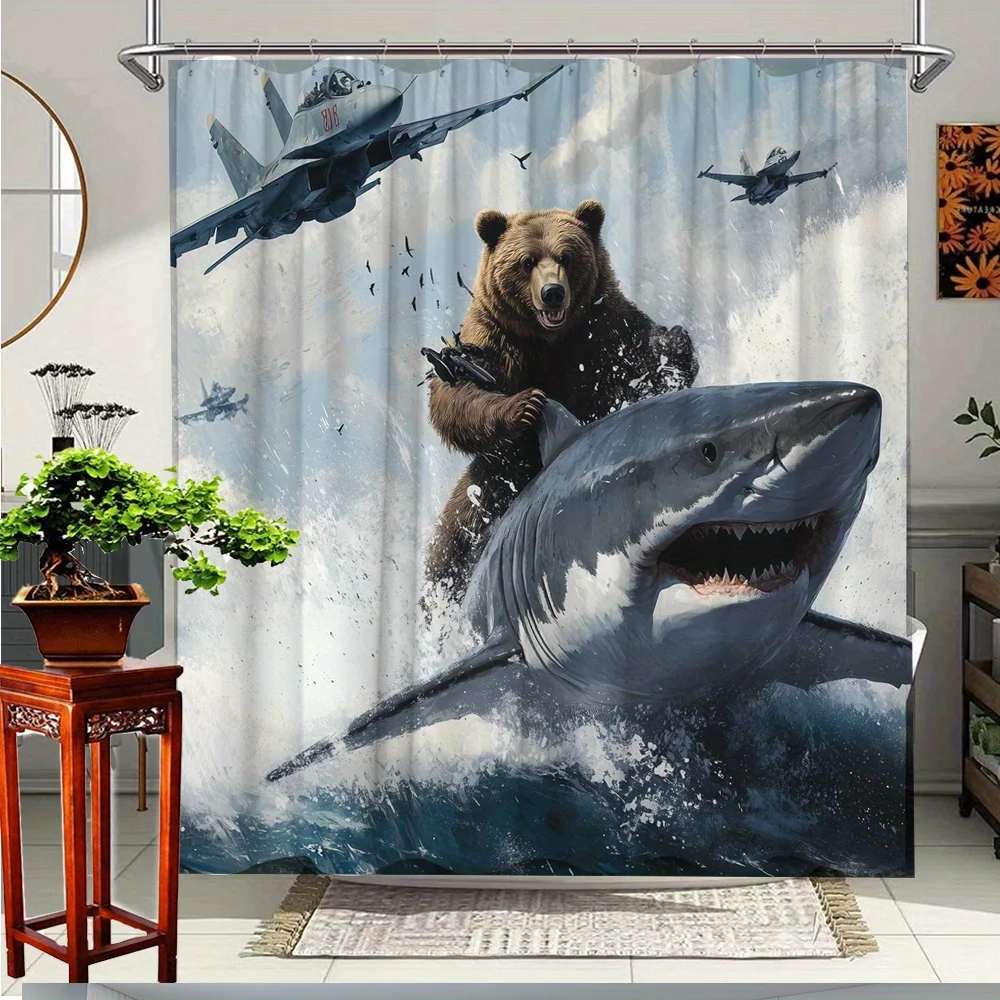 1pc Creative Bear Riding Shark Shower Curtain - Artistic Bathroom Decor with Fun Ocean Adventure Design, Durable Polyester Fabri
1pc Creative Bear Riding Shark Shower Curtain - Artistic Bathroom Decor with Fun Ocean Adventure Design, Durable Polyester Fabri