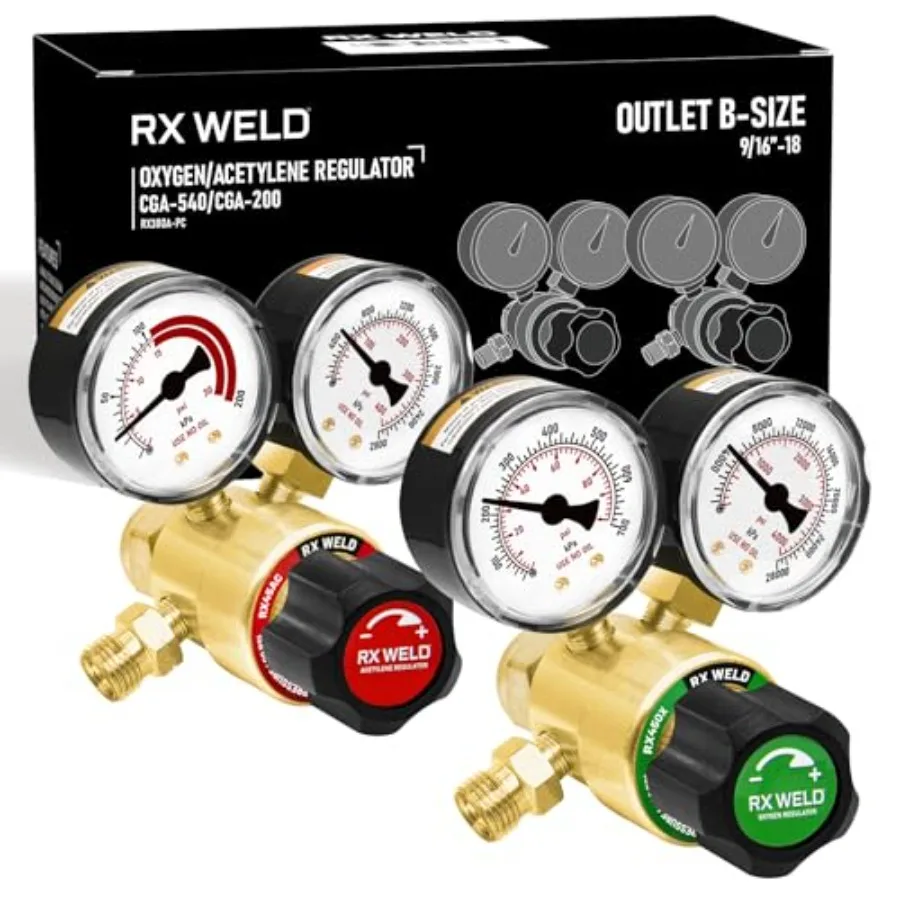 RX WELD Oxygen and Acetylene Regulators, CGA540 and CGA200, Compatible with V-Style Welding Gas Torch Cutting - PC Handle
RX WELD Oxygen and Acetylene Regulators, CGA540 and CGA200, Compatible with V-Style Welding Gas Torch Cutting - PC Handle