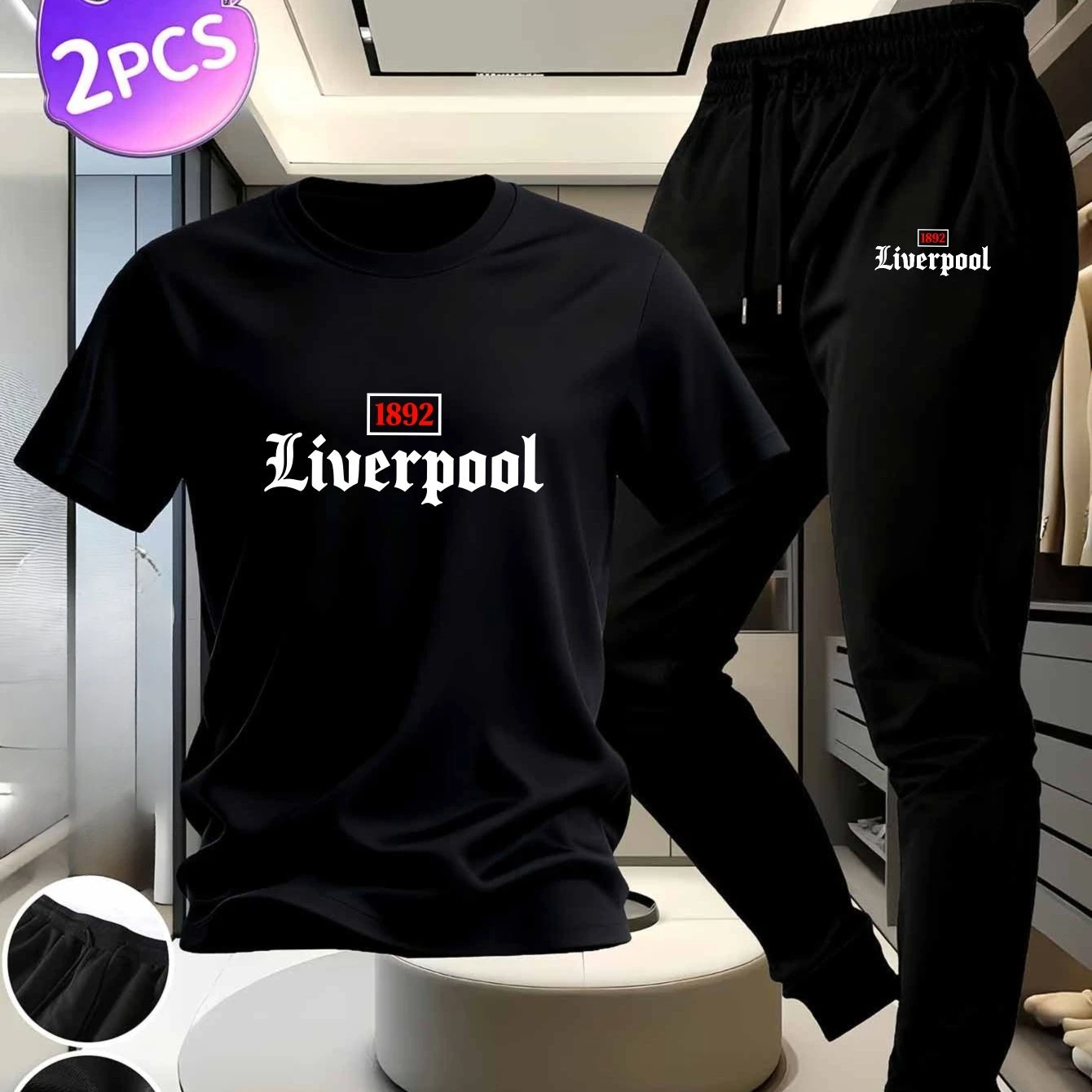 Two-Piece Sportswear Set: White Cotton T-Shirt & Black Pants with 1892 Print, Ideal for Casual Home Wear and Fitness Outfits
Two-Piece Sportswear Set: White Cotton T-Shirt & Black Pants with 1892 Print, Ideal for Casual Home Wear and Fitness Outfits