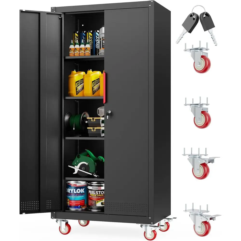 71"H Metal Garage Storage Cabinet with 4 Adjustable Shelves Wheels, Lockable Storage Cabinet for Home Warehouse Garage, Black
71"H Metal Garage Storage Cabinet with 4 Adjustable Shelves Wheels, Lockable Storage Cabinet for Home Warehouse Garage, Black
