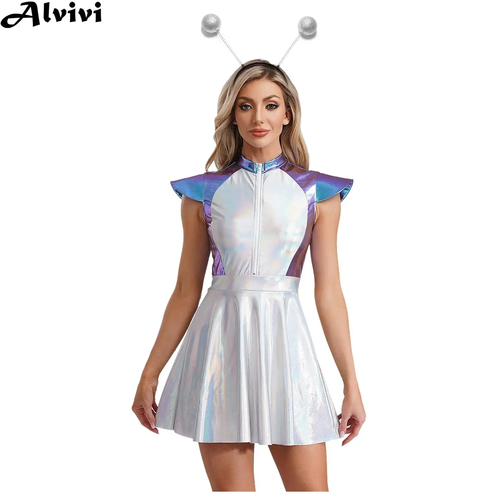 Женское блестящее платье металлик с обручем для волос, тематическая вечеринка на Хэллоуин, карнавал, космическое милое инопланетянин, костюм для косплея
Женское блестящее платье металлик с обручем для волос, тематическая вечеринка на Хэллоуин, карнавал, космическое милое инопланетянин, костюм для косплея