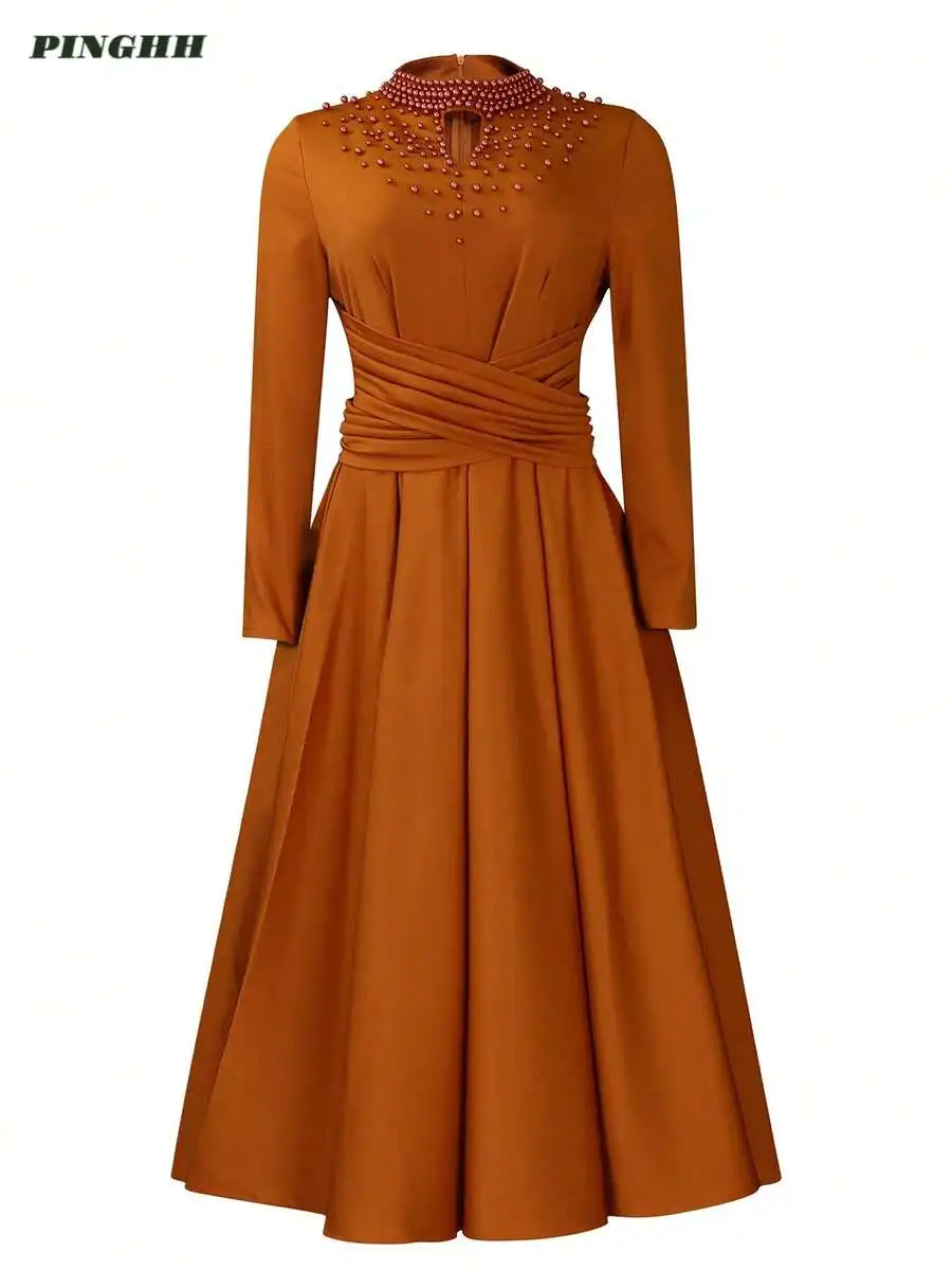 Rust Colored Evening Midi Dress With Pearl Embellishment And Long Sleeves
Rust Colored Evening Midi Dress With Pearl Embellishment And Long Sleeves
