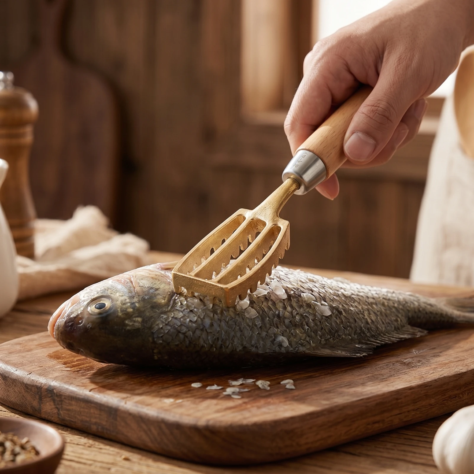 Brass Seafood Scaler with Wooden Handle Easy to Clean Seafood Scale Scraper with Wooden Handle Kitchen Tool Heavy Duty Ergonomic
Brass Seafood Scaler with Wooden Handle Easy to Clean Seafood Scale Scraper with Wooden Handle Kitchen Tool Heavy Duty Ergonomic