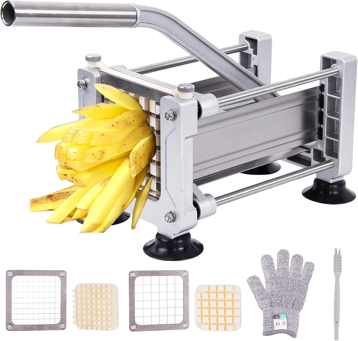 Heavy Duty French Fry Cutter with 3 Stainless Steel Blades for Potatoes, Vegetables
Heavy Duty French Fry Cutter with 3 Stainless Steel Blades for Potatoes, Vegetables