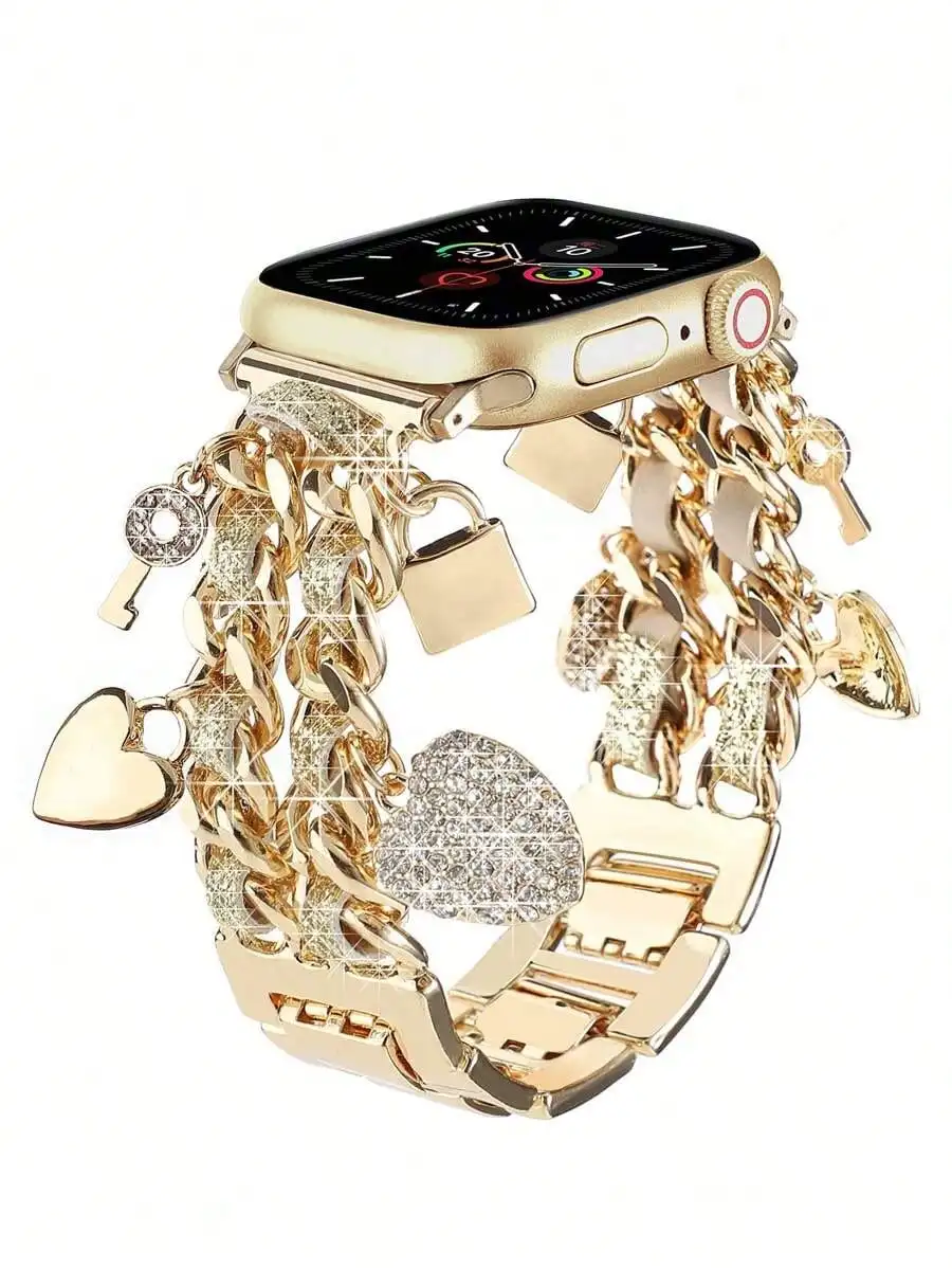 Золотистый ремешок-цепочка для Apple Watch с подвесками в виде сердца, ключа и замка
Золотистый ремешок-цепочка для Apple Watch с подвесками в виде сердца, ключа и замка