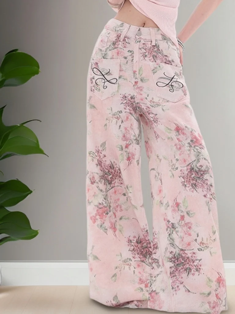 Spring High Waist Straight Leg Pink Floral Print Wide Leg Jeans Women's Casual High-End Feeling Slimming Long Pants
Spring High Waist Straight Leg Pink Floral Print Wide Leg Jeans Women's Casual High-End Feeling Slimming Long Pants