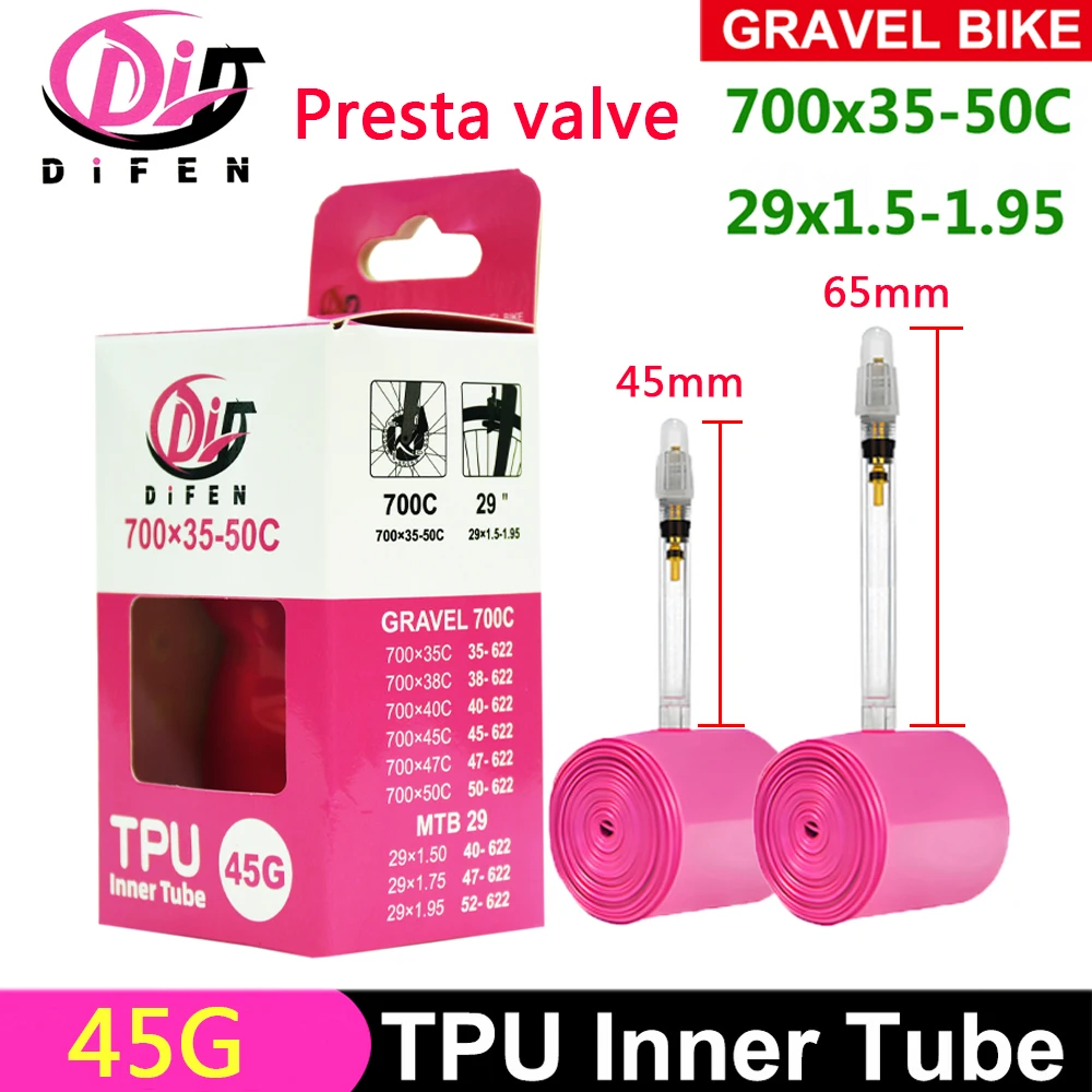 DIFEN TPU Bike Inner Tube 700x35C 38C 40C 45C 47C 50C/29x1.5 1.75 1.95 Presta Valve 45 Gravel Bike Valve lengths: 45mm/65mm
DIFEN TPU Bike Inner Tube 700x35C 38C 40C 45C 47C 50C/29x1.5 1.75 1.95 Presta Valve 45 Gravel Bike Valve lengths: 45mm/65mm