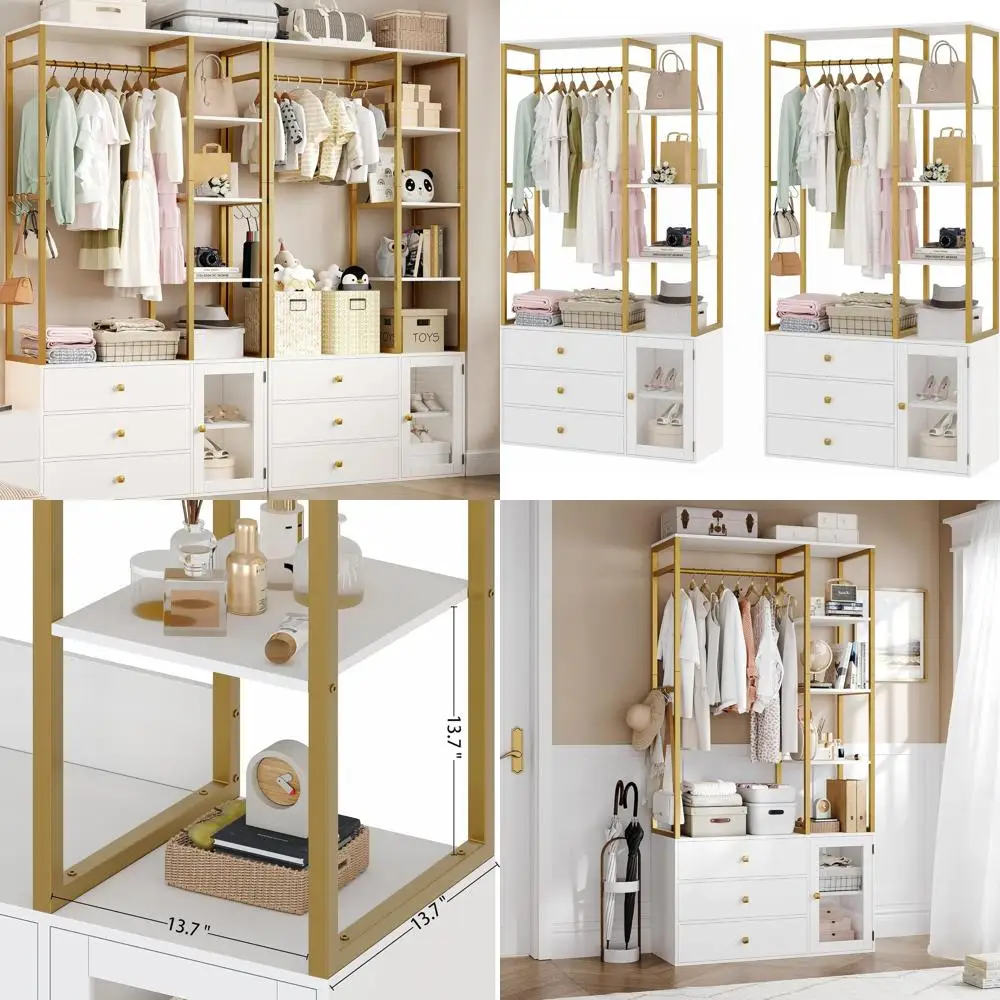 2-Piece White & Gold Closet Organizer System with Wooden Drawers, Hanging Rods, and 4-Tier Shelves
2-Piece White & Gold Closet Organizer System with Wooden Drawers, Hanging Rods, and 4-Tier Shelves