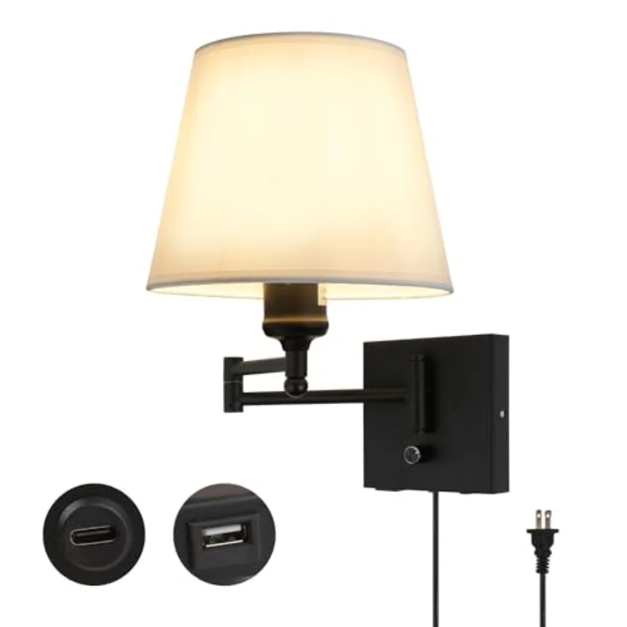 Bedside Wall Mount Light with Dimmable Switch and USB C+A Charging Port, Swing Arm Fabric Shade Wall Sconce Light with Plug in
Bedside Wall Mount Light with Dimmable Switch and USB C+A Charging Port, Swing Arm Fabric Shade Wall Sconce Light with Plug in