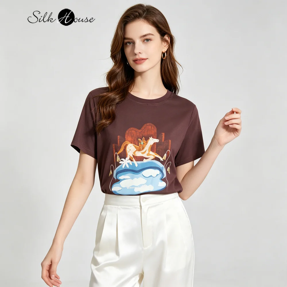 2026 Women's Casual Summer New 92% Natural Mulberry Silk Satin Pegasus Printed Versatile Round Neck Short Sleeve T-shirt
2026 Women's Casual Summer New 92% Natural Mulberry Silk Satin Pegasus Printed Versatile Round Neck Short Sleeve T-shirt
