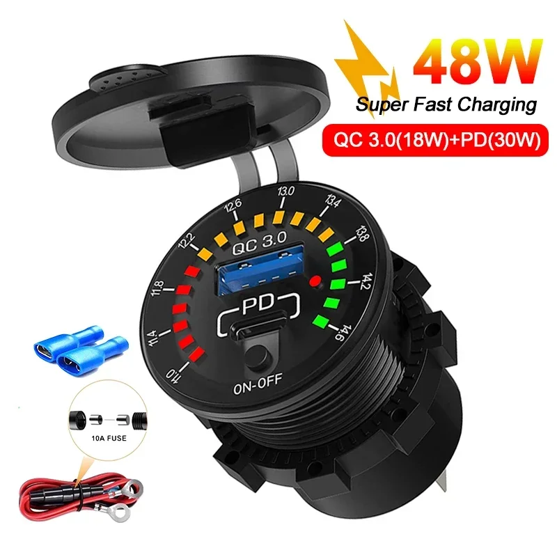 USB-C 48W Car Charger Socket 12/24V QC3.0 & PD Outlet Fast Charging with Voltmeter ON/OFF Power Switch for Car Boat Motorcycle
USB-C 48W Car Charger Socket 12/24V QC3.0 & PD Outlet Fast Charging with Voltmeter ON/OFF Power Switch for Car Boat Motorcycle