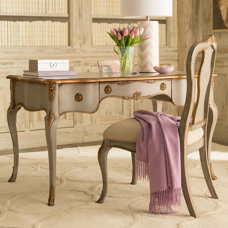 American retro solid wood and chair French gray engraved gold painted old writing computer office
American retro solid wood and chair French gray engraved gold painted old writing computer office