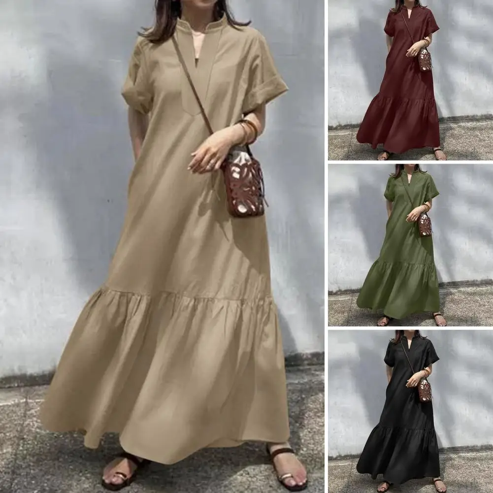 Women Maxi Dress Elegant Stand Collar Maxi Dress with Side Pockets Women's A-line Swing Dress with Pleated Patchwork Hem V Neck
Women Maxi Dress Elegant Stand Collar Maxi Dress with Side Pockets Women's A-line Swing Dress with Pleated Patchwork Hem V Neck