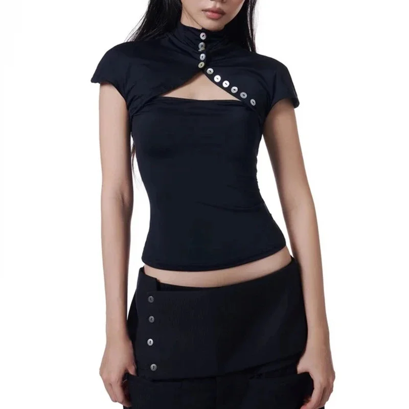 Y2k Asymmetrical Stand Collar Cut Out Crop Top Women Solid Black Short Sleeve Button Detail Slim Fit Stretchy Going Out Club
Y2k Asymmetrical Stand Collar Cut Out Crop Top Women Solid Black Short Sleeve Button Detail Slim Fit Stretchy Going Out Club