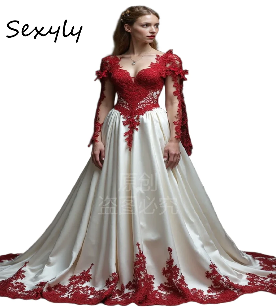 Elegant White Red Gothic Wedding Dress Bohemian Satin Long Sleeve Lace Medieval Fairytale Civil Bride Dress 2026 Costume Party
Elegant White Red Gothic Wedding Dress Bohemian Satin Long Sleeve Lace Medieval Fairytale Civil Bride Dress 2026 Costume Party