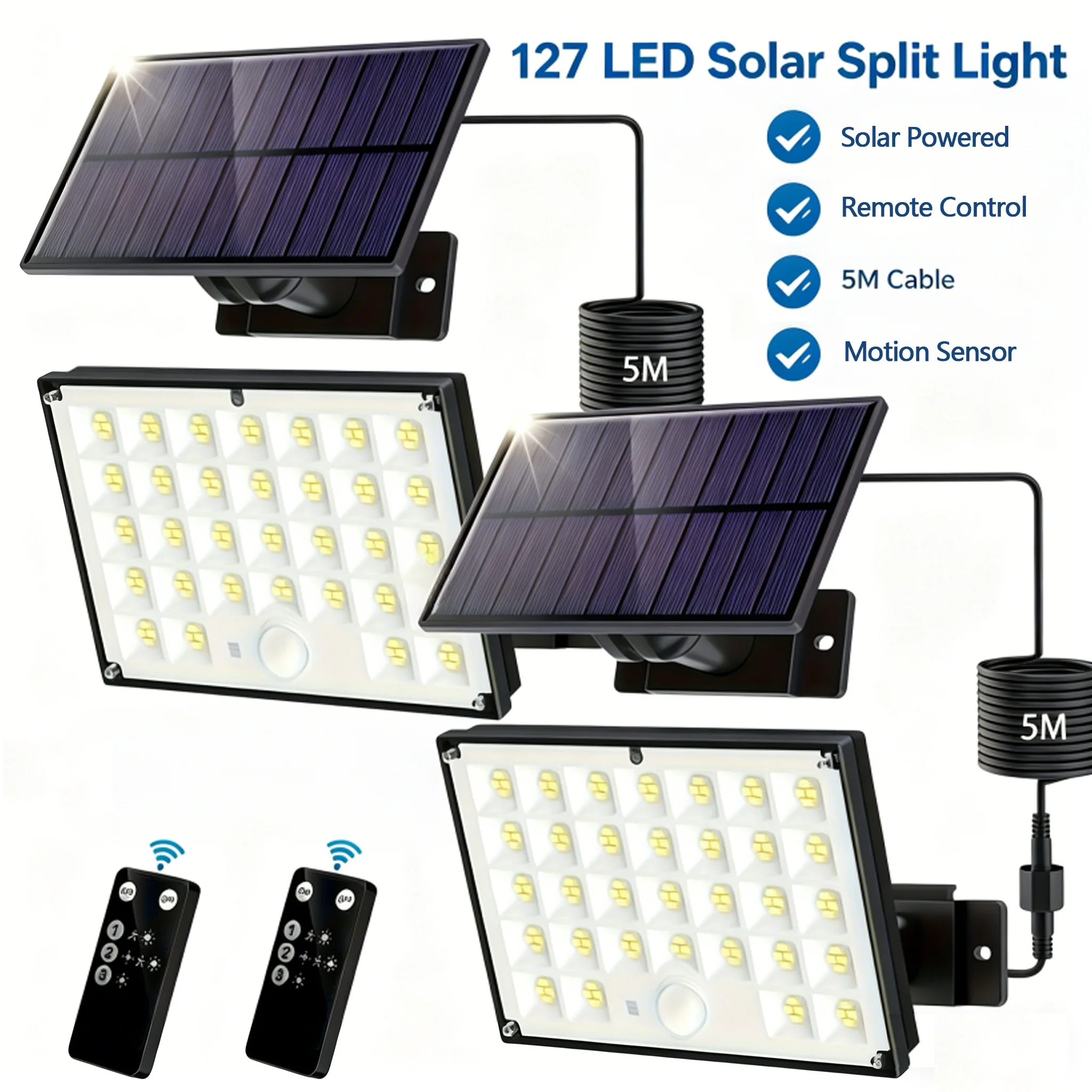 127 LED Cold White Solar Remote Wall Light, 3-Mode Dimmable, IP65 Waterproof for Garden Yard Stairs. Includes 5M Cable
127 LED Cold White Solar Remote Wall Light, 3-Mode Dimmable, IP65 Waterproof for Garden Yard Stairs. Includes 5M Cable