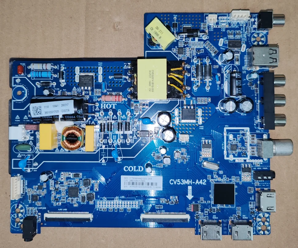 CV53MH-A42 Three in one LED TV motherboard, physical photo, tested for 71V 600MA
CV53MH-A42 Three in one LED TV motherboard, physical photo, tested for 71V 600MA