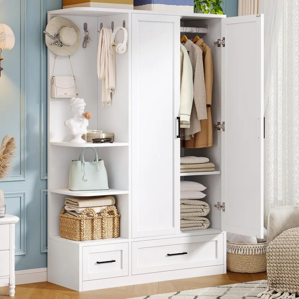 70 Tall White Wooden Armoire with Hanging Rod, 3 Shelves & 5 Hooks for Bedroom Storage
70 Tall White Wooden Armoire with Hanging Rod, 3 Shelves & 5 Hooks for Bedroom Storage
