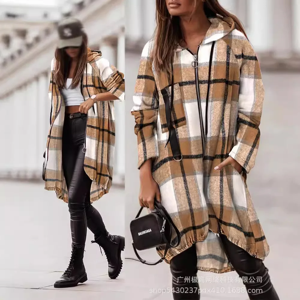 Plaid Print Zip Up Pocket Design Oversized Hooded Shacket Women Autumn Winter Loose Jacket Coat
Plaid Print Zip Up Pocket Design Oversized Hooded Shacket Women Autumn Winter Loose Jacket Coat