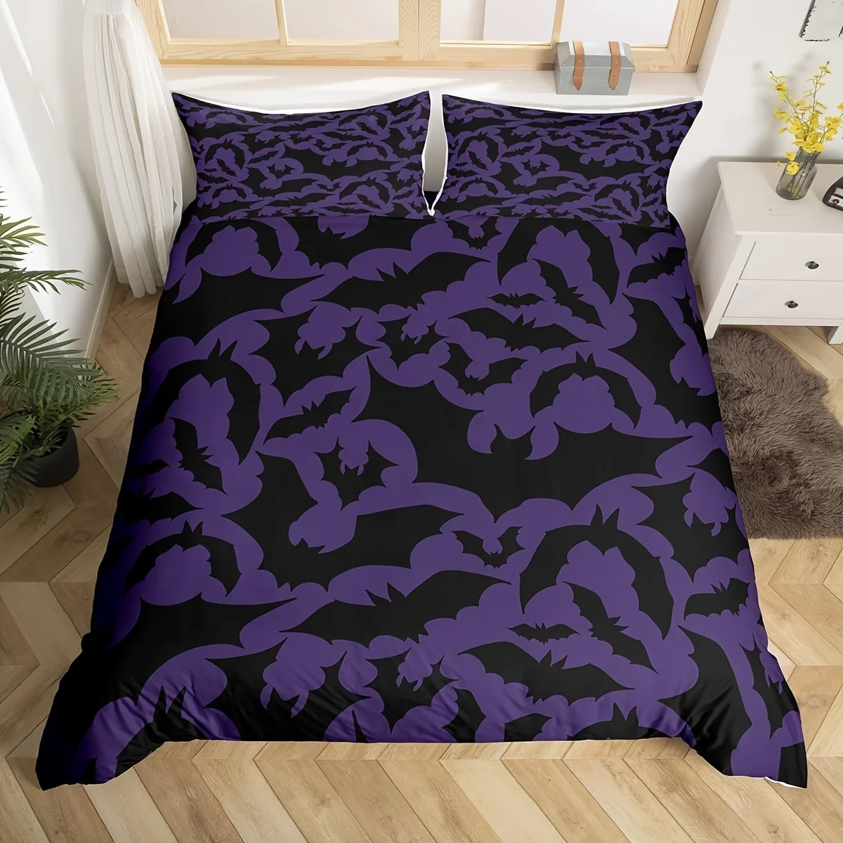 Halloween Themed Bedding Set, Black Bats Animal Print Duvet Cover Set for Women Men Adults Bedroom Present, Dark Purple Color
Halloween Themed Bedding Set, Black Bats Animal Print Duvet Cover Set for Women Men Adults Bedroom Present, Dark Purple Color