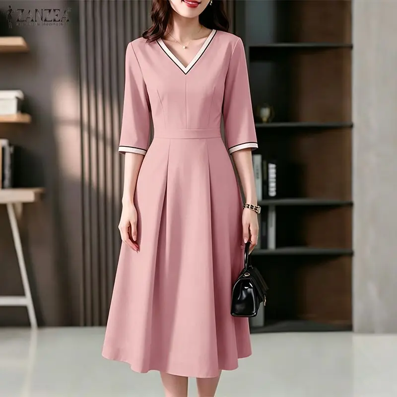 ZANZEA Women's Minimalist Midi Dress Contrast-Trim V-Neck 3/4 Sleeve High Waisted A-Line Dresses Elegant Commute Robes Femme
ZANZEA Women's Minimalist Midi Dress Contrast-Trim V-Neck 3/4 Sleeve High Waisted A-Line Dresses Elegant Commute Robes Femme
