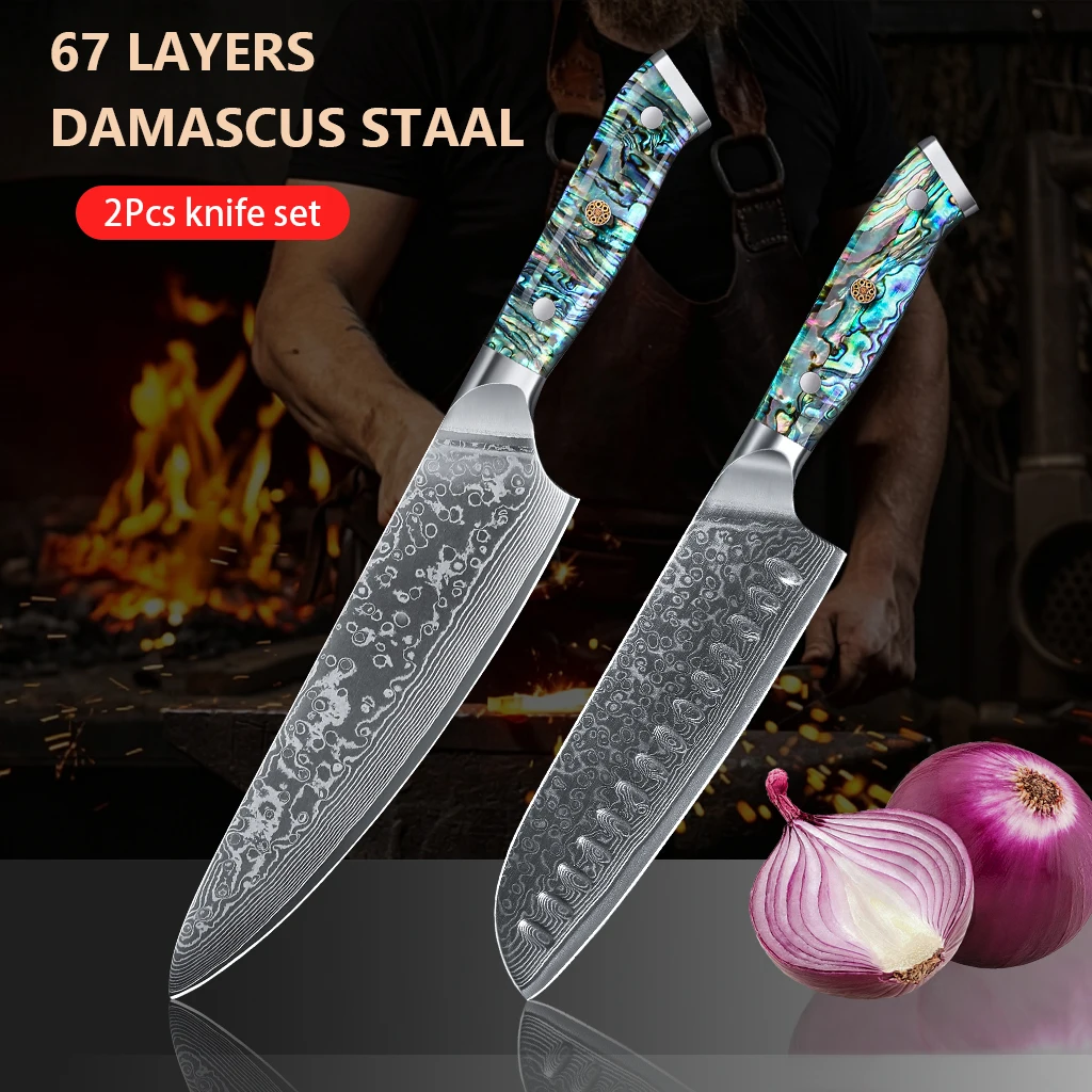 2PCS Damascus Steel Chef Knife Set, Abalone Shell Ergonomic Handle, Sharp Santoku & Chef's Knives for Cooking
2PCS Damascus Steel Chef Knife Set, Abalone Shell Ergonomic Handle, Sharp Santoku & Chef's Knives for Cooking