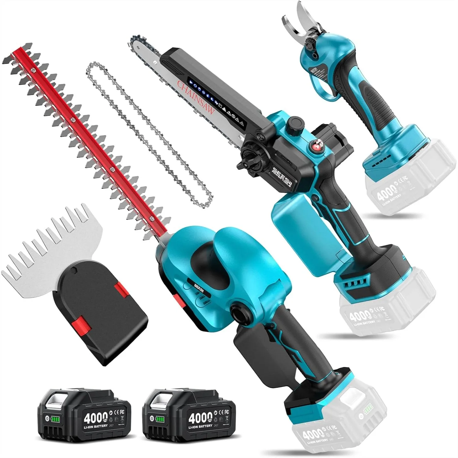Cordless Electric Chainsaw Trimmer Pruner 3-in-1 with 2× 4.0Ah Batteries, Garden Tool Kit for Tree Trimming & Branch Cutting
Cordless Electric Chainsaw Trimmer Pruner 3-in-1 with 2× 4.0Ah Batteries, Garden Tool Kit for Tree Trimming & Branch Cutting
