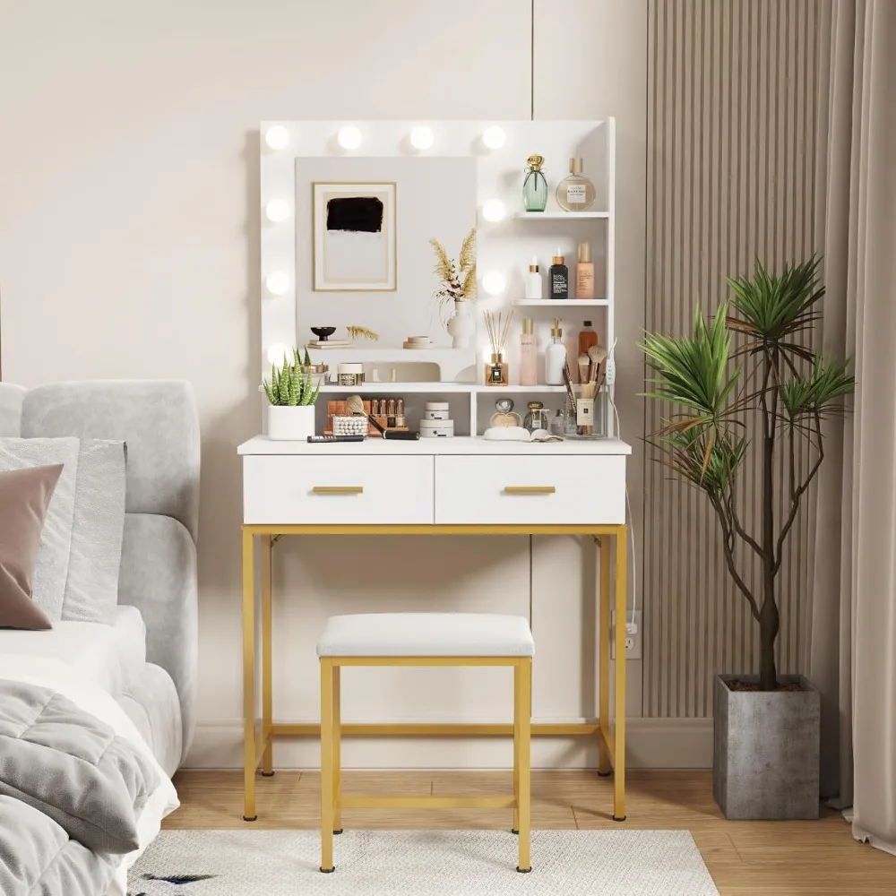 Vanity with Mirror and Lights, Adjustable Color/Brightness, White Makeup Desk with 2 Drawers and Stool for Bedroom, Bathroom
Vanity with Mirror and Lights, Adjustable Color/Brightness, White Makeup Desk with 2 Drawers and Stool for Bedroom, Bathroom