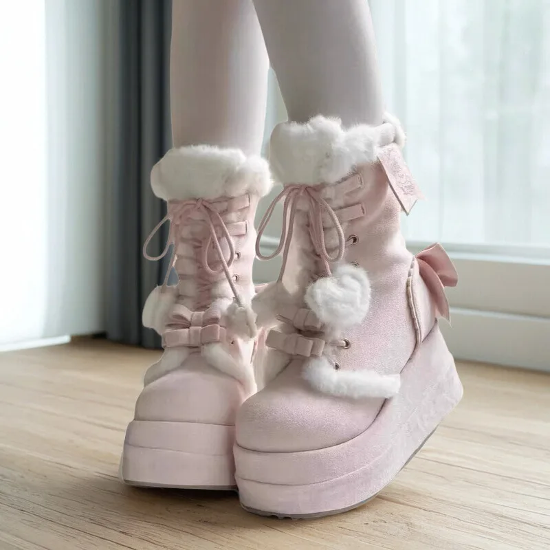 Women Lolita Platform Snow Boots Winter Fleece Lined Ankle Boots With Fur Trim & Bow Sweet Kawaii Girl's Boots
Women Lolita Platform Snow Boots Winter Fleece Lined Ankle Boots With Fur Trim & Bow Sweet Kawaii Girl's Boots