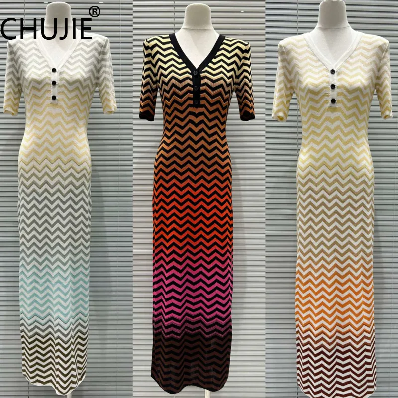 CHUJIE Summer/Fall 2025 Ombre Stripe Knit Dress, V-Neck Short Sleeve Colorblock Maxi Dress, Slim Waist Elegant Gown
CHUJIE Summer/Fall 2025 Ombre Stripe Knit Dress, V-Neck Short Sleeve Colorblock Maxi Dress, Slim Waist Elegant Gown