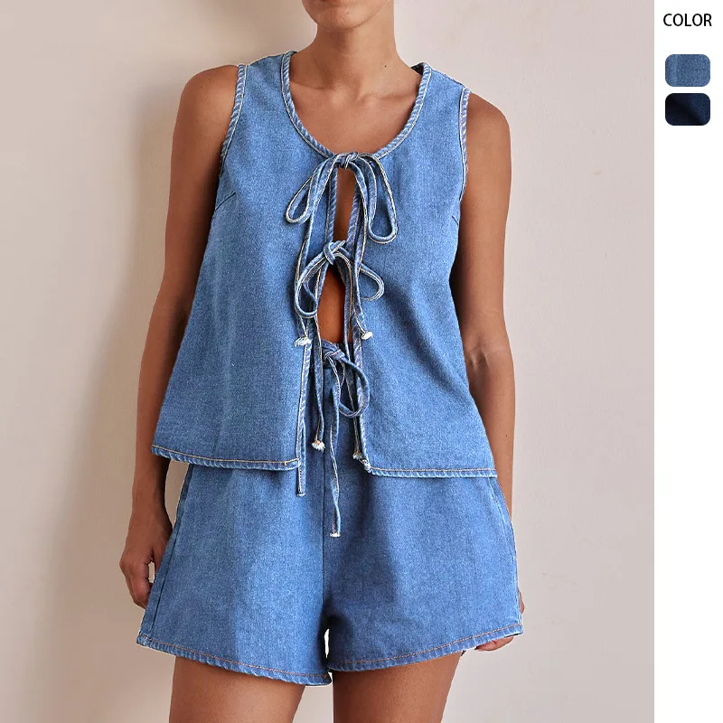 2025 European And American Style Summer Fashion Casual Sleeveless Lace-up High Waist Women's Vest Denim Suit Shorts Women Top
2025 European And American Style Summer Fashion Casual Sleeveless Lace-up High Waist Women's Vest Denim Suit Shorts Women Top