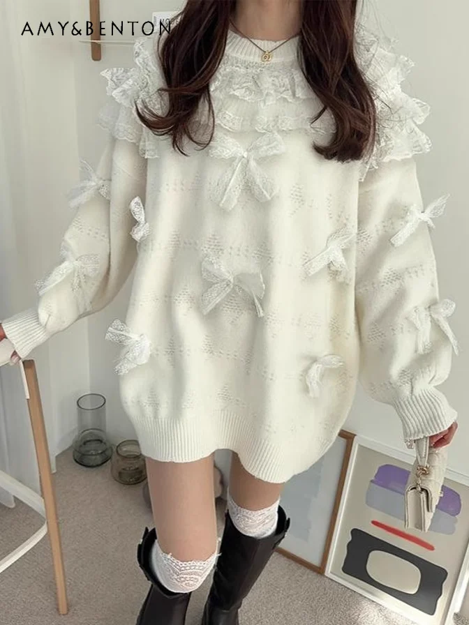 Spring New 2025 Japanese Sweet Lace Bow Crew Neck Loose Knitted Sweater Women Cute Solid Color Versatile Oversized Sweaters
Spring New 2025 Japanese Sweet Lace Bow Crew Neck Loose Knitted Sweater Women Cute Solid Color Versatile Oversized Sweaters