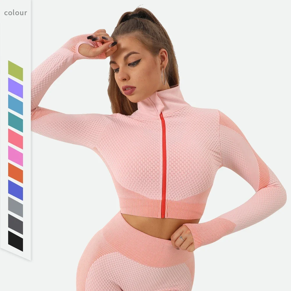 2025 Women's Seamless Striped Long Sleeved Yoga Suit Zipper Contrasting Coat with Exposed Navel Sports Quick Drying Fitness Top
2025 Women's Seamless Striped Long Sleeved Yoga Suit Zipper Contrasting Coat with Exposed Navel Sports Quick Drying Fitness Top